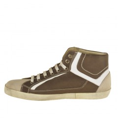 Men's sports shoe with laces in taupe and white leather - Available sizes:  36 2