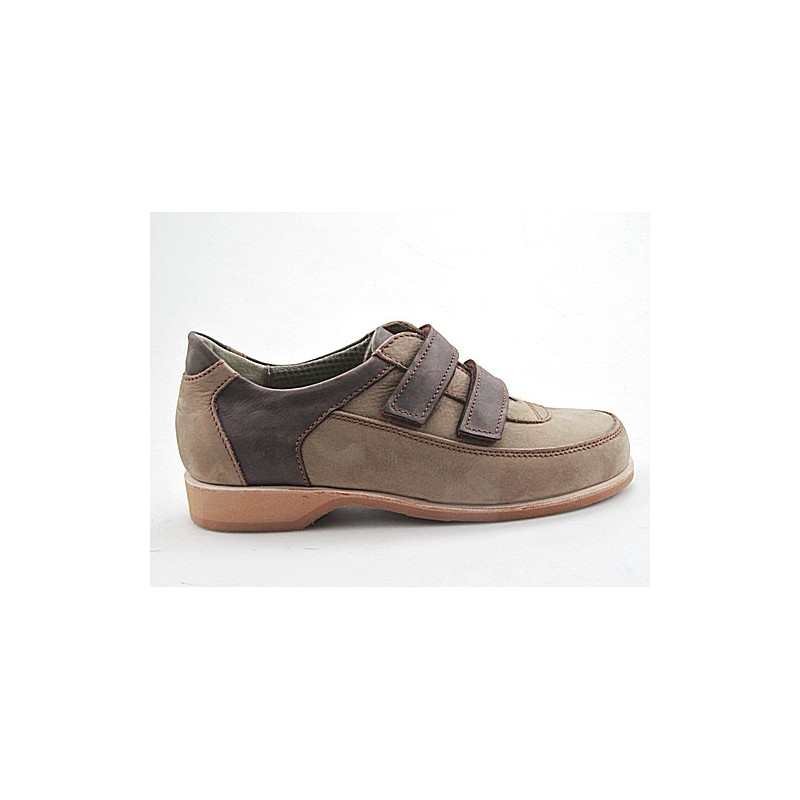 Men's sports shoe with velcro straps in dark beige suede and brown leather - Available sizes:  37, 38