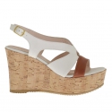 Woman's sandal in white and cognac brown leather with platform and wedge 9 - Available sizes:  42