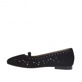 Ballerine pour femmes avec courroie en daim noir perforé y cuir lamé argent talon 1 - Pointures disponibles:  32 2