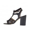 Woman's strappy sandal with strass in black leather and suede heel 8 - Available sizes:  42