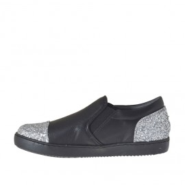 Scarpa accollata da donna con elastici in pelle nera con glitter argento zeppa 2 - Misure disponibili: 32, 33, 34 2