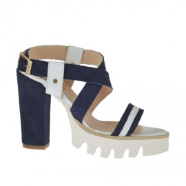 Woman's sandal in white leather and blue suede heel 9 - Available sizes:  42