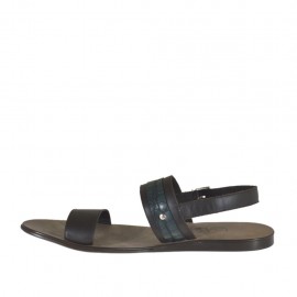 Men's sandal in dark brown leather and green printed leather - Available sizes:  47, 48, 49, 52 2