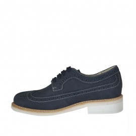 Men's casual laced derby shoe with brogue wingtip in blue nubuck leather - Available sizes:  37, 47 2