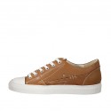 Men's sports shoe with laces in white leather and cognac brown pierced leather - Available sizes:  37
