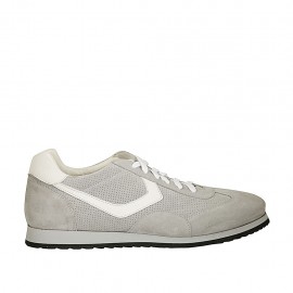Men's laced casual shoe in grey suede and pierced suede and white leather - Available sizes:  46