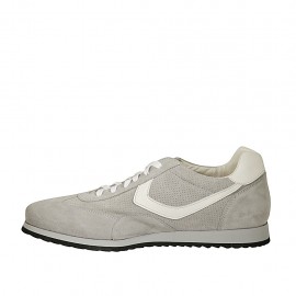 Men's laced casual shoe in grey suede and pierced suede and white leather - Available sizes:  46 2