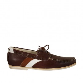Men's laced loafer in brown, cognac brown and white leather - Available sizes:  47
