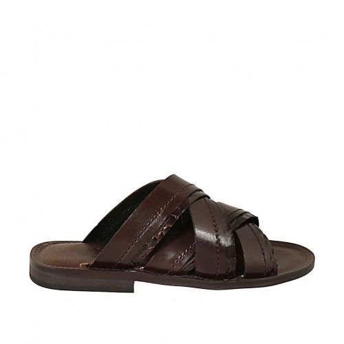 Herrenschlappen aus dunkelbraunem Leder und bedrucktem Leder - Verfügbare Größen:  37, 38, 46, 47, 48, 49, 50