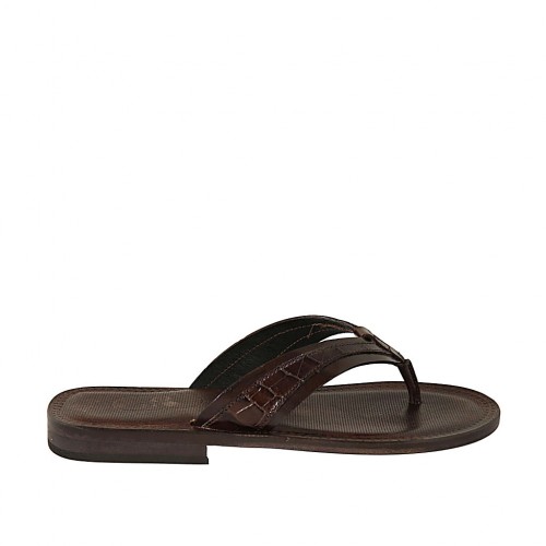 Men's flip-flop slipper in dark brown leather and printed leather - Available sizes:  37, 38, 47
