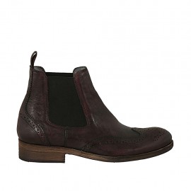 Men's elegant ankle boot with zippers and Brogue decorations in maroon leather - Available sizes:  37, 47, 50