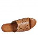 Woman's open mules in cognac brown pierced leather with platform and wedge heel 9 - Available sizes:  42
