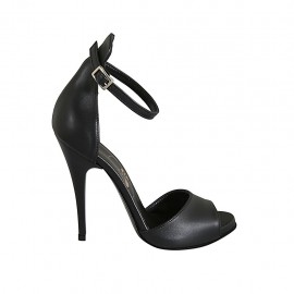 Escarpin ouvert pour femmes avec courroie à la cheville et plateau en cuir noir talon 11 - Pointures disponibles:  42