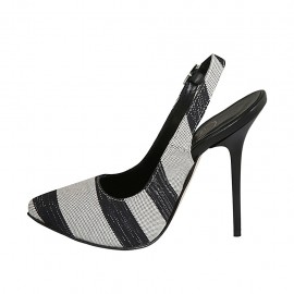 Zapato destalonado para mujer con plataforma en tejido negro, blanco y laminado plateado tacon 12 - Tallas disponibles:  42 2