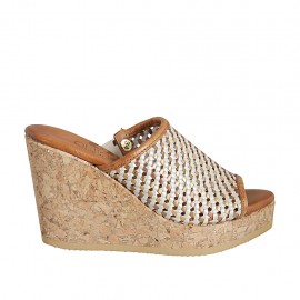 Sabo abierto para mujer en piel trensada cognac, cuero y bronce con plataforma y cuña 9 - Tallas disponibles:  42