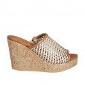 Woman's open mules in cognac brown, bronze and copper braided leather with platform and wedge heel 9 - Available sizes:  42