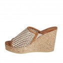Woman's open mules in cognac brown, bronze and copper braided leather with platform and wedge heel 9 - Available sizes:  42