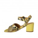 Woman's strap sandal in black and yellow printed leather heel 5 - Available sizes:  43