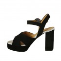 Woman's sandal in black suede and silver laminated leather with strap, platform and heel 9 - Available sizes:  42