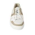 Chaussure à lacets pour hommes en cuir blanc et bleu, cuir perforé blanc et daim beige - Pointures disponibles:  46