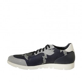 Men's laced casual shoe with removable insole in blue and white leather and blue and grey fabric - Available sizes:  46, 47 2
