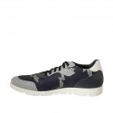 Men's laced casual shoe with removable insole in blue and white leather and blue and grey fabric - Available sizes:  46, 47