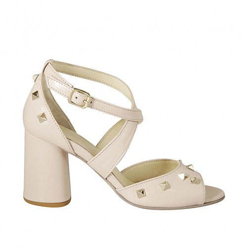 Woman's open shoe with crossed strap and studs in nude leather heel 7 - Available sizes:  42, 43