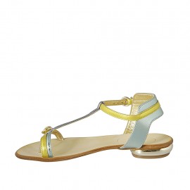 Woman's thong sandal with strap in turquoise, yellow and green laminated leather heel 1 - Available sizes:  42 2