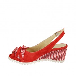 Woman's sandal with bow in red and white printed suede wedge heel 6 - Available sizes:  42 2
