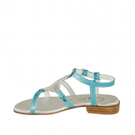 Sandalo da donna con strass in pelle laminata e stampata azzurra tacco 2 - Misure disponibili: 32, 33, 34, 42, 43, 44, 45, 46 2