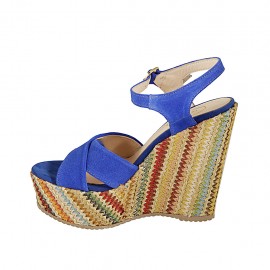 Woman's strap sandal with platform in cornflower blue suede and multicolored fabric wedge heel 12 - Available sizes:  42 2