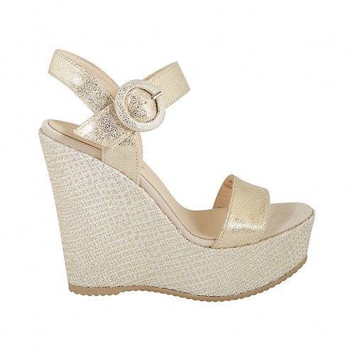 Woman's strap sandal with platform in platinum laminated printed suede wedge heel 12 - Available sizes:  43