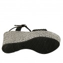 Woman's strap platform sandal in black leather and grey fabric wedge heel 9 - Available sizes:  42, 43