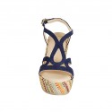 Woman's sandal with platform in blue suede and multicolored fabric wedge heel 9 - Available sizes:  43