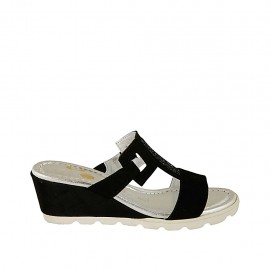 Woman's open mules with accessory in black suede wedge heel 5 - Available sizes:  43