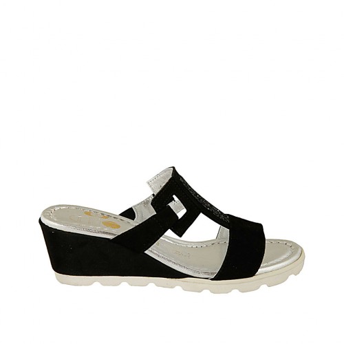 Sabot aperto con accessorio in camoscio nero zeppa 5 - Misure disponibili: 43