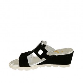 Woman's open mules with accessory in black suede wedge heel 5 - Available sizes:  43 2
