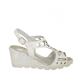 Woman's sandal in white pierced leather and white and silver fabric with wedge heel 6 - Available sizes:  42