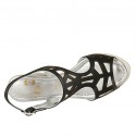 Woman's sandal in black pierced leather and grey and silver fabric wedge heel 6 - Available sizes:  42