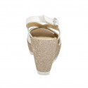 Woman's sandal in white leather and beige and silver printed suede with platform and wedge 9 - Available sizes:  42