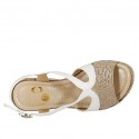 Woman's sandal in white leather and beige and silver printed suede with platform and wedge 9 - Available sizes:  42