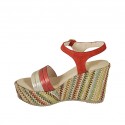 Woman's sandal in red suede, red and platinum laminated leather and multicolored fabric with strap, platform and wedge heel 9 - Available sizes:  43, 44