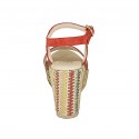 Woman's sandal in red suede, red and platinum laminated leather and multicolored fabric with strap, platform and wedge heel 9 - Available sizes:  43, 44