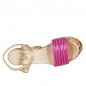 Damensandale mit Riem und Plateau aus laminiertem kupfer- und pinkfarbenem Leder und buntem Stoff Absatz 12 - Verfügbare Größen:  31, 33, 34, 42, 43, 44