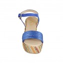Woman's sandal in cornflower blue suede and laminated leather and multicolored fabric with strap, platform and wedge heel 9 - Available sizes:  44