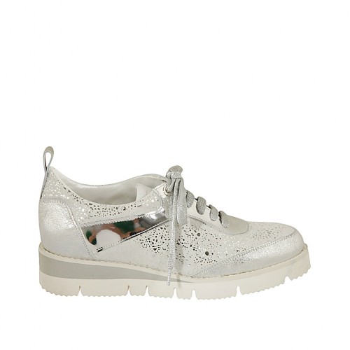 Woman's laced shoe in grey suede and silver laminated leather wedge heel 3 - Available sizes:  42