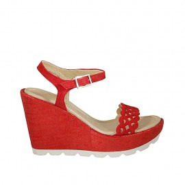 Woman's sandal with strap and platform in red suede wedge heel 9 - Available sizes:  44