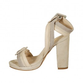 Woman's platform sandal in beige and taupe suede and nude leather with buckles heel 10 - Available sizes:  42 2
