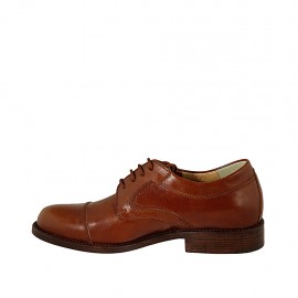 Men's laced derby shoe with captoe in cognac brown leather - Available sizes:  49 2